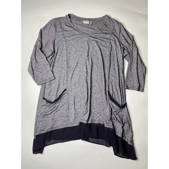 LOGO by Lori Goldstein Stripe Knit 3/4 Sleeve Blouse Asymmetrical Chiffon Trim - Picture 1 of 6